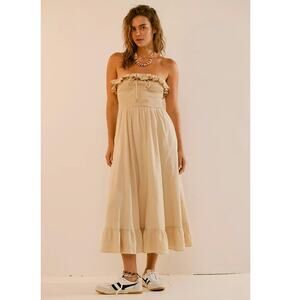 New FREE PEOPLE Lush Life Linen Strapless Midi Dress $98 LARGE Bleached Sand